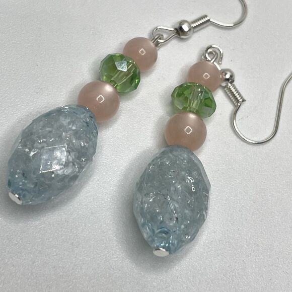 Artisan Handcrafted Glass Lucite Moon Glow Beaded Necklace Earrings Set Spring - Picture 3 of 8